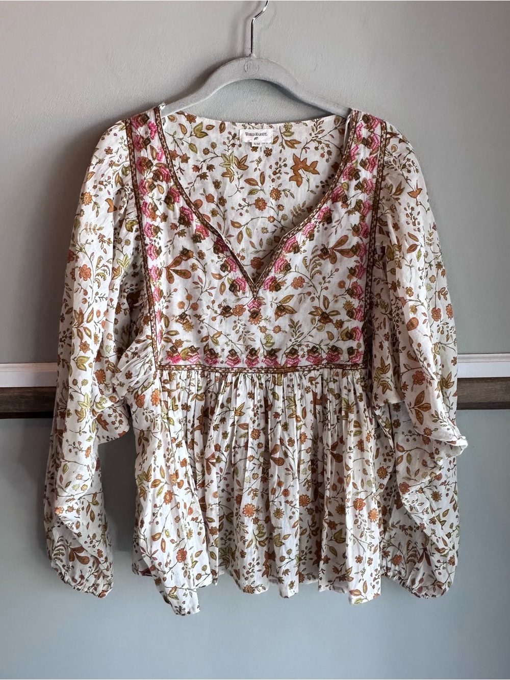 World Market Blouse Embroidered Paisley Peplum Cottagecore Boho